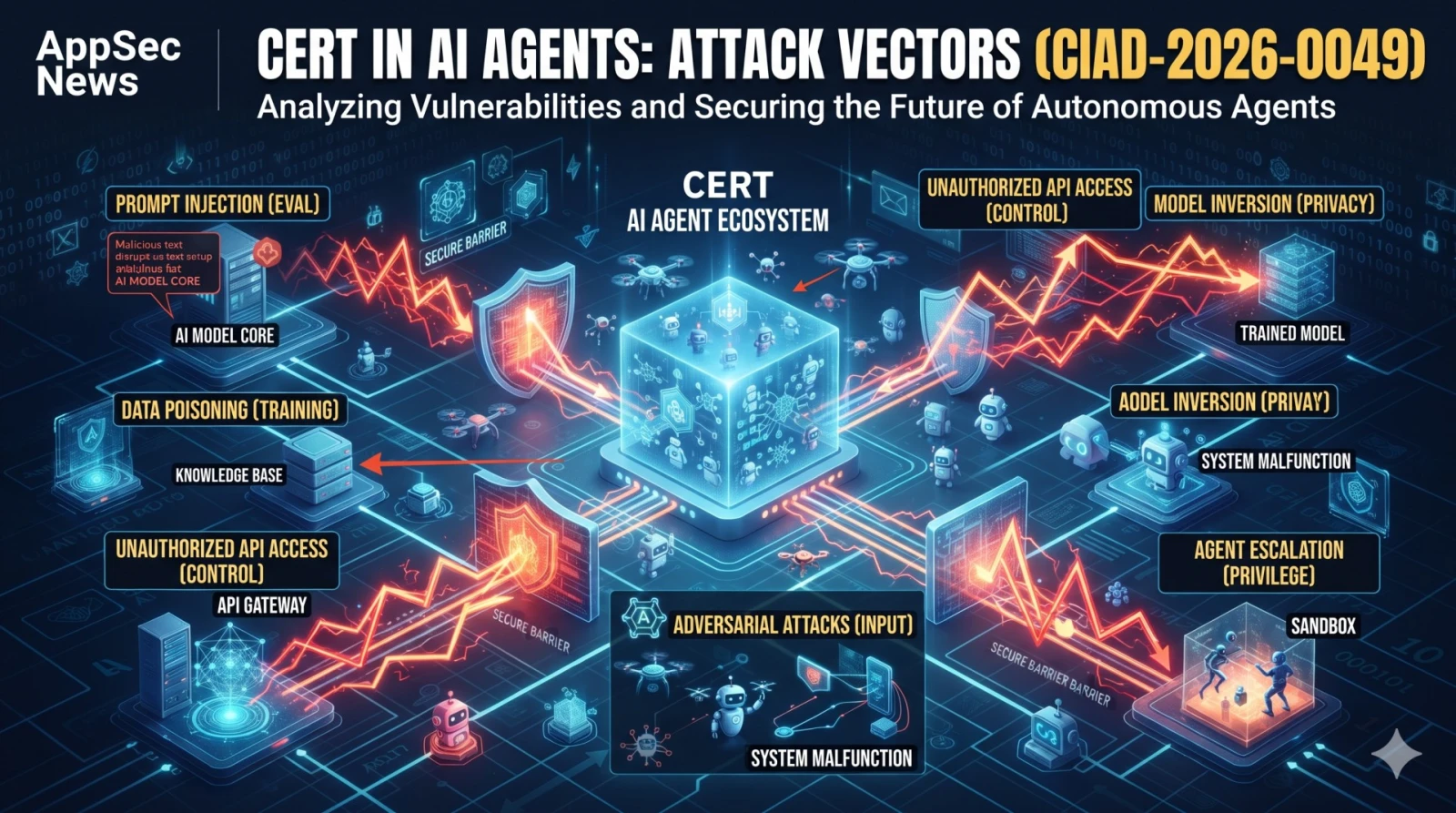 Illustration of several glowing AI agent figures slipping through open digital doors into a quiet office server room where no alarms sound.