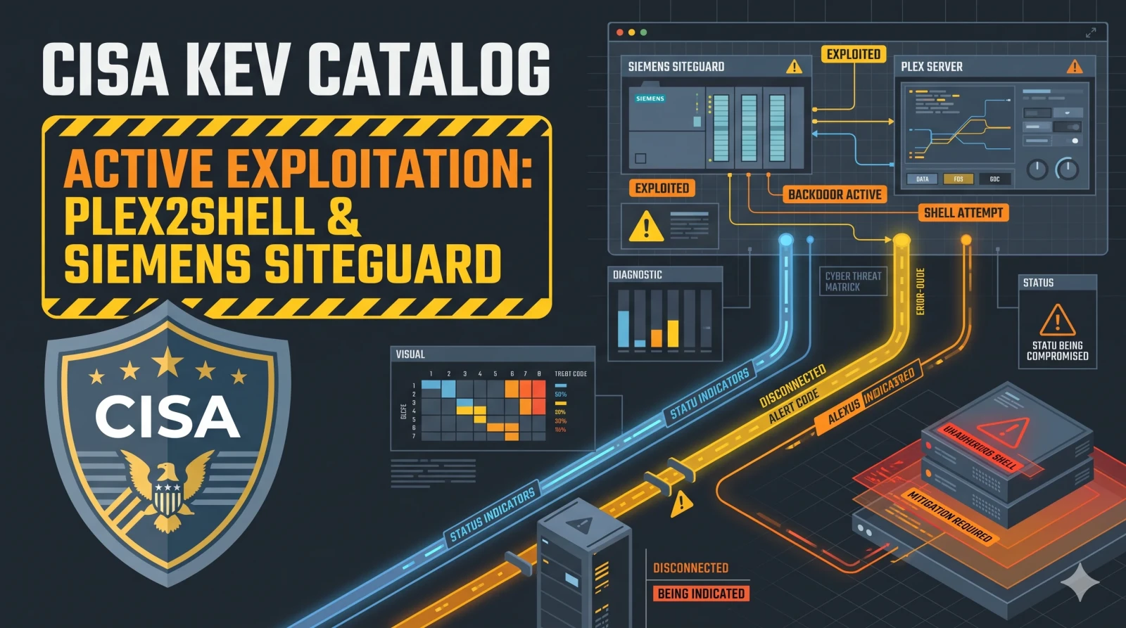 Illustration of a media server labeled PLEX2SHELL cracked open by a chain of four glowing links, with CISA-style warning banners overhead.