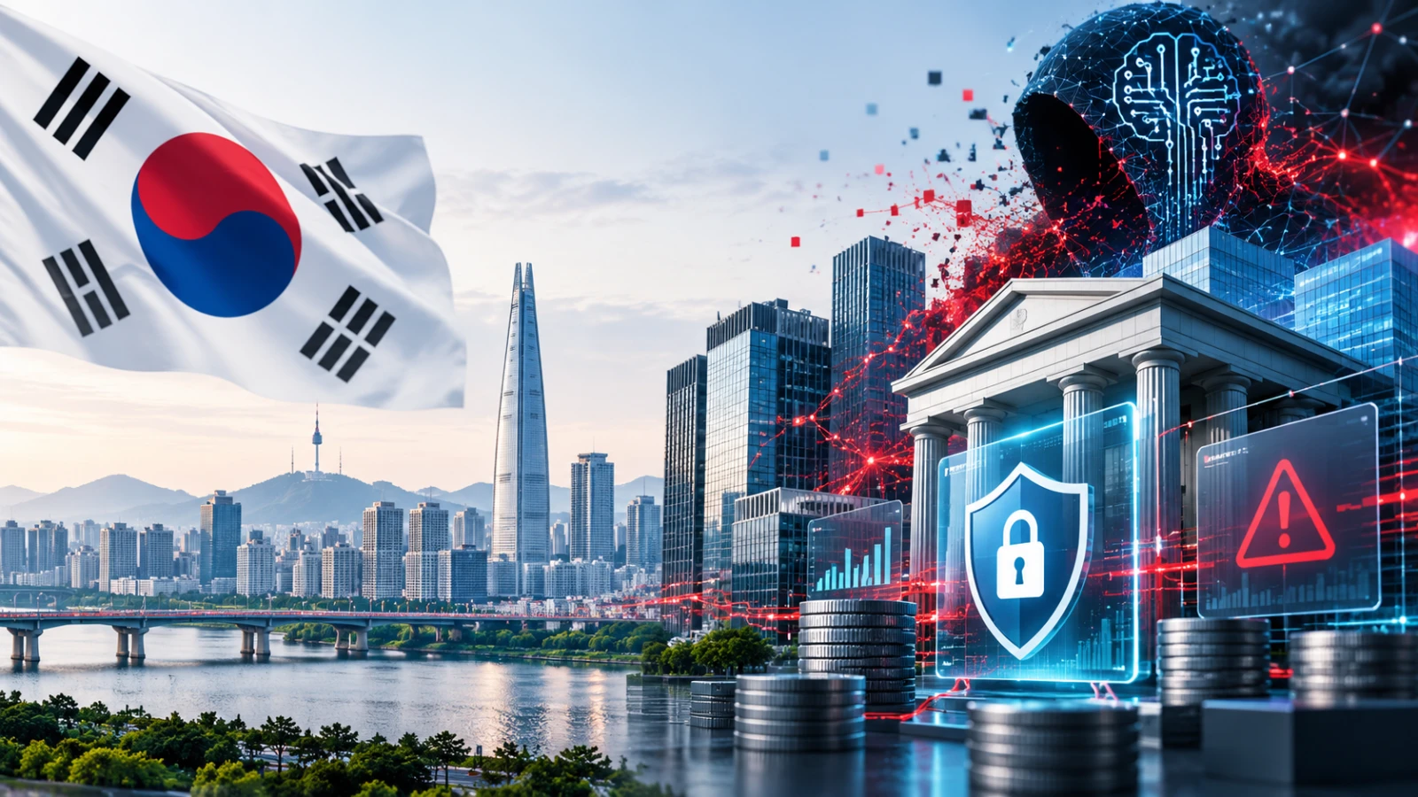 Cybersecurity illustration representing attacks against South Korean financial institutions and investigation into possible AI-assisted hacking