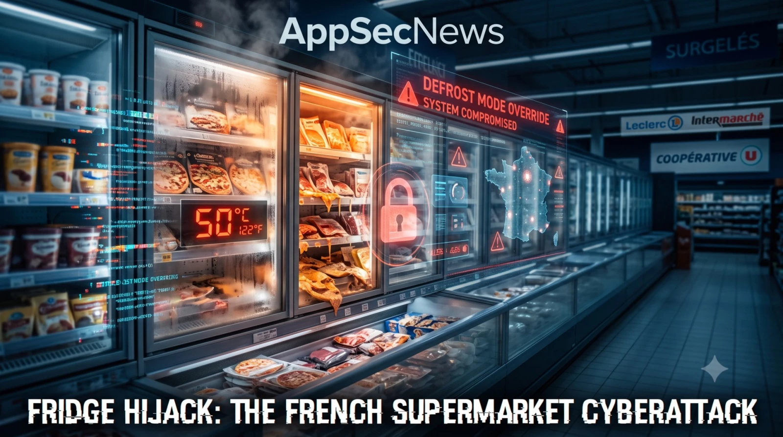 Illustration of a supermarket freezer aisle glowing red-hot, with a refrigeration control panel showing a heating symbol.