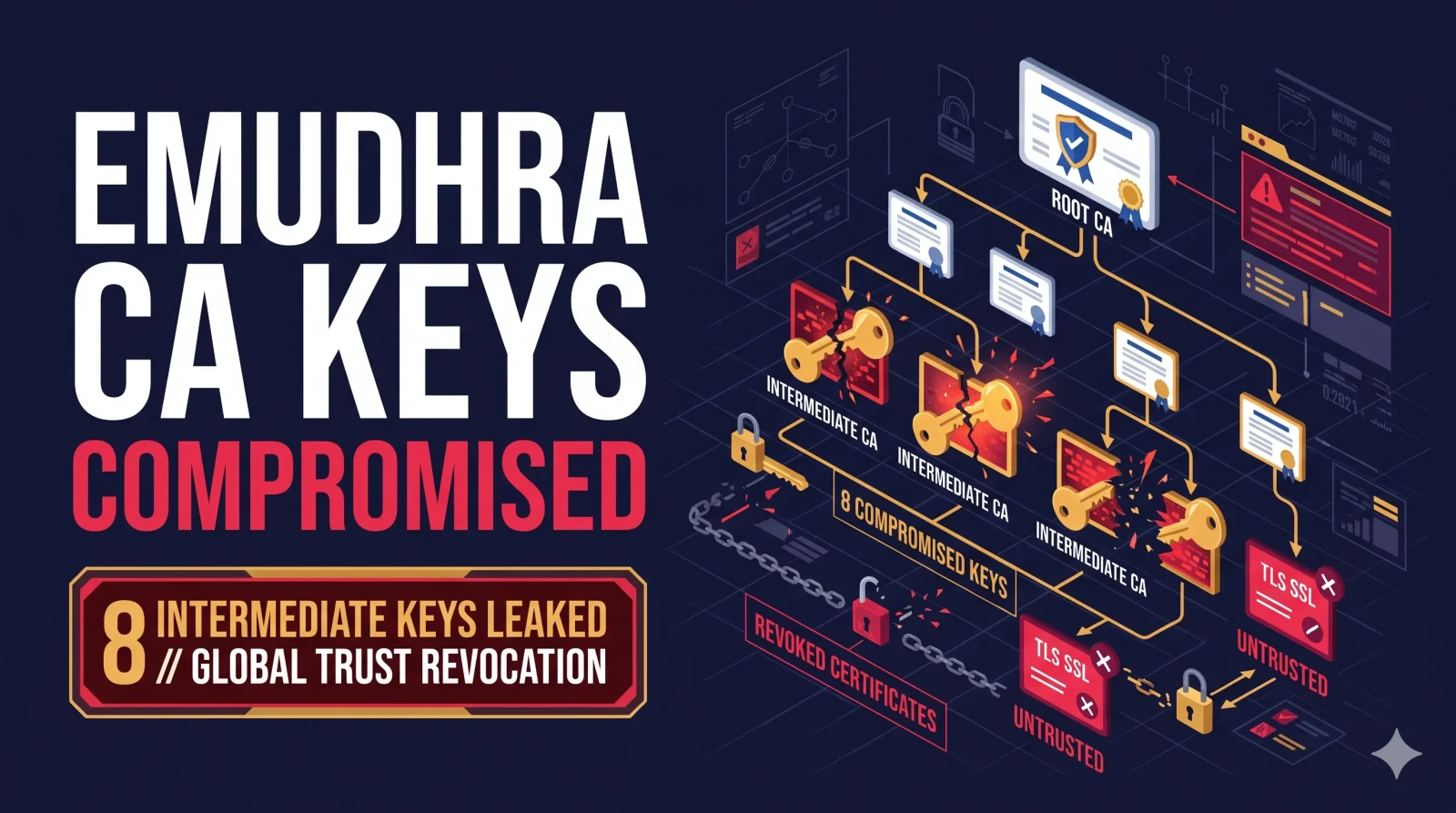 Illustration of eight broken digital keys falling from a chain of trust certificates, with browser shields locking out fake website padlocks.
