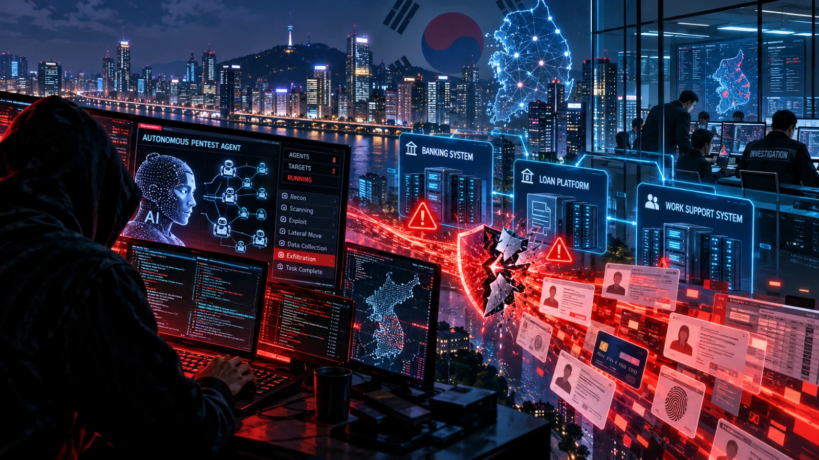 Illustration of a bank vault door with a translucent AI circuit pattern probing its edges, set against a dark blue city skyline.