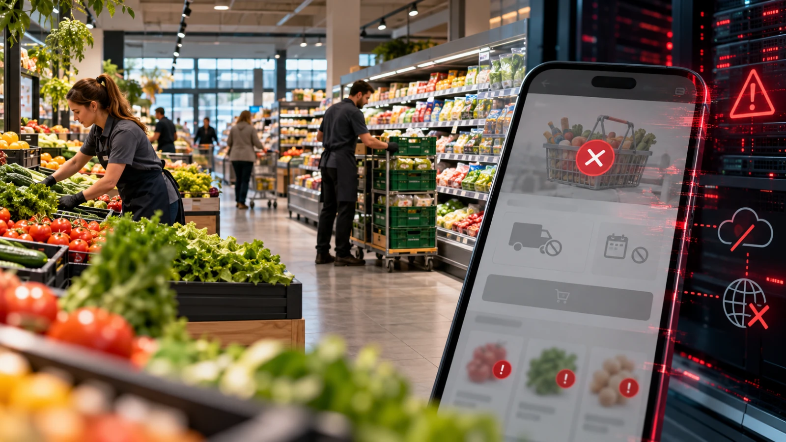 Illustration of a supermarket aisle with stocked shelves on one side and a dark, disconnected online shopping screen and delivery van on the other.