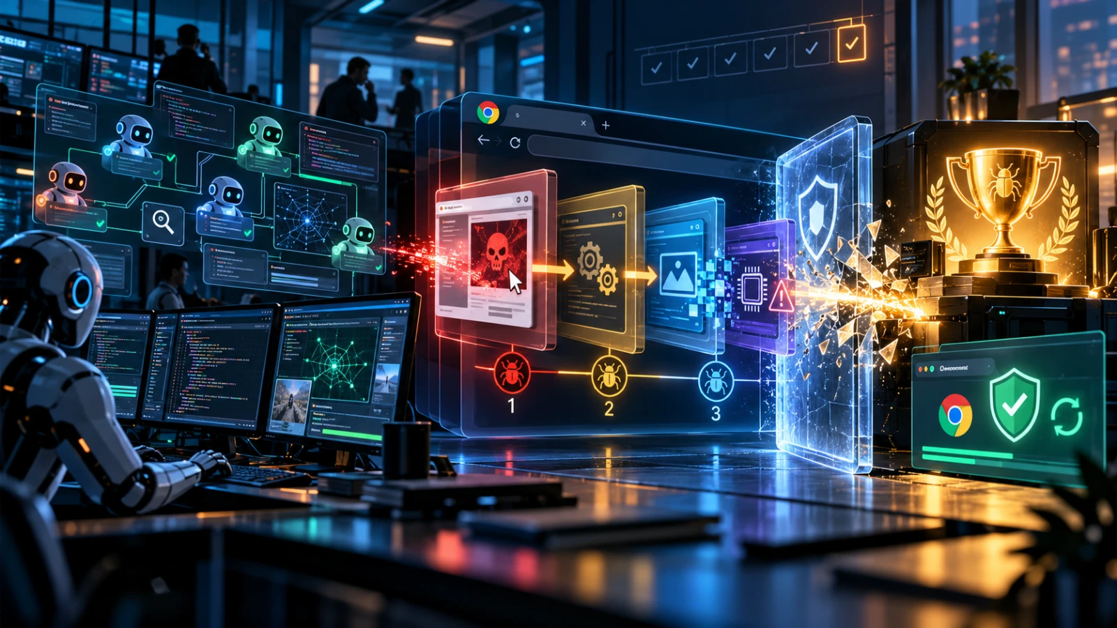 Illustration of three glowing chain links breaking open a browser window sandbox, guided by AI circuit lines and a small team of silhouetted researchers.