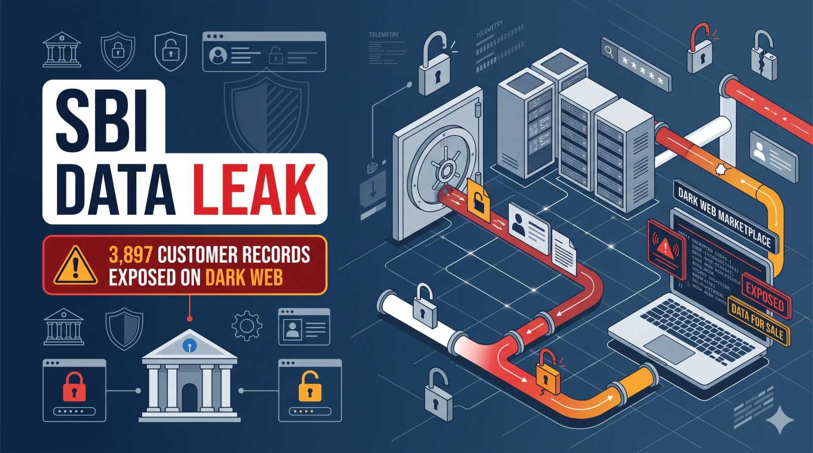 Illustration of a bank vault door with the SBI logo, leaking customer record cards into a dark web marketplace below.