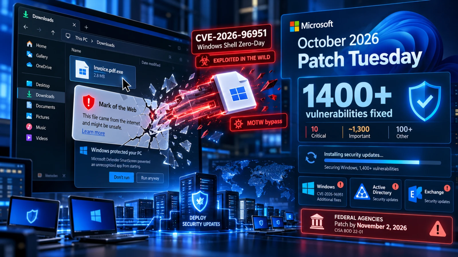 Illustration of a Windows-style desktop where a downloaded file slips past a cracked warning shield.