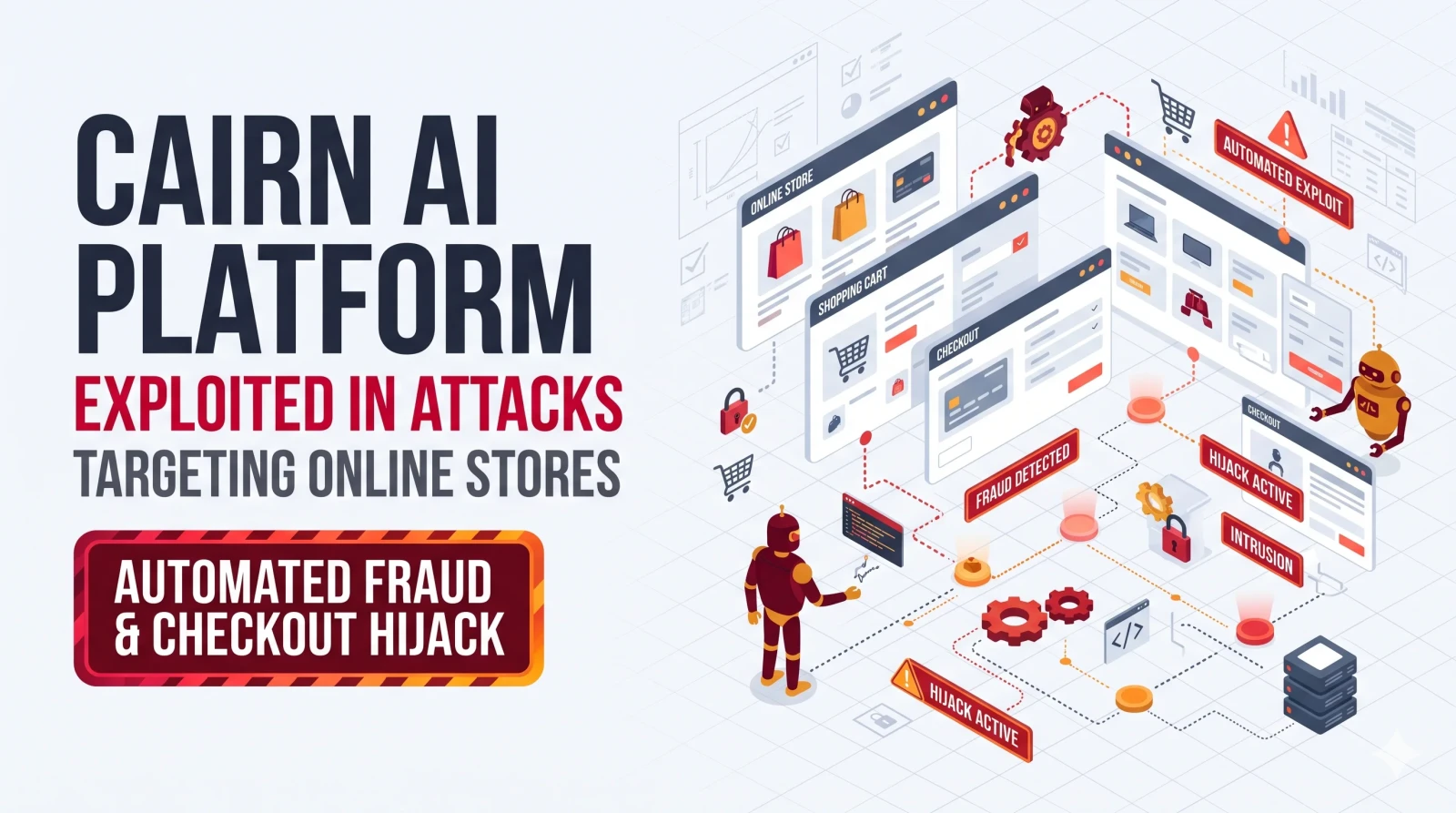 Illustration of a swarm of glowing AI agent drones attacking a row of online shop storefronts, guided from a dashboard of attack projects.