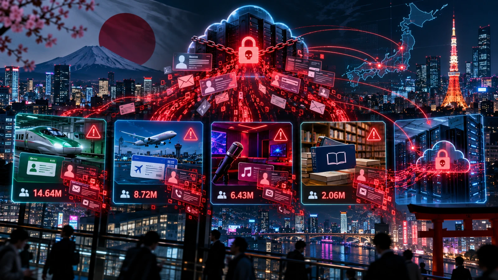 Illustration of a Tokyo-style city skyline at night with streams of customer record cards pouring out of glowing building windows.