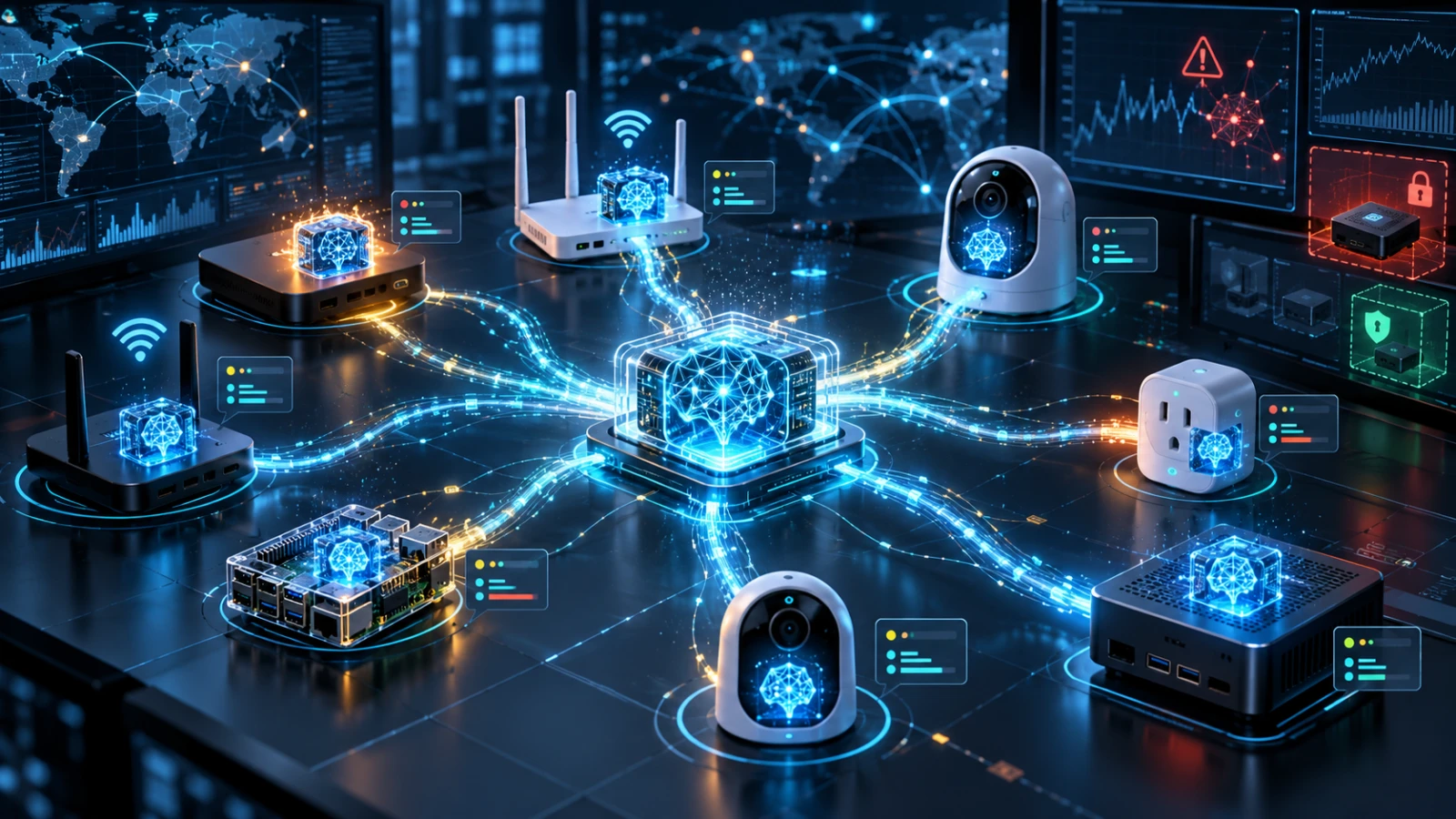 Illustration of a cluster of cheap TV boxes and smart devices linked by glowing threads, with a small AI core copying itself from one device to the next.