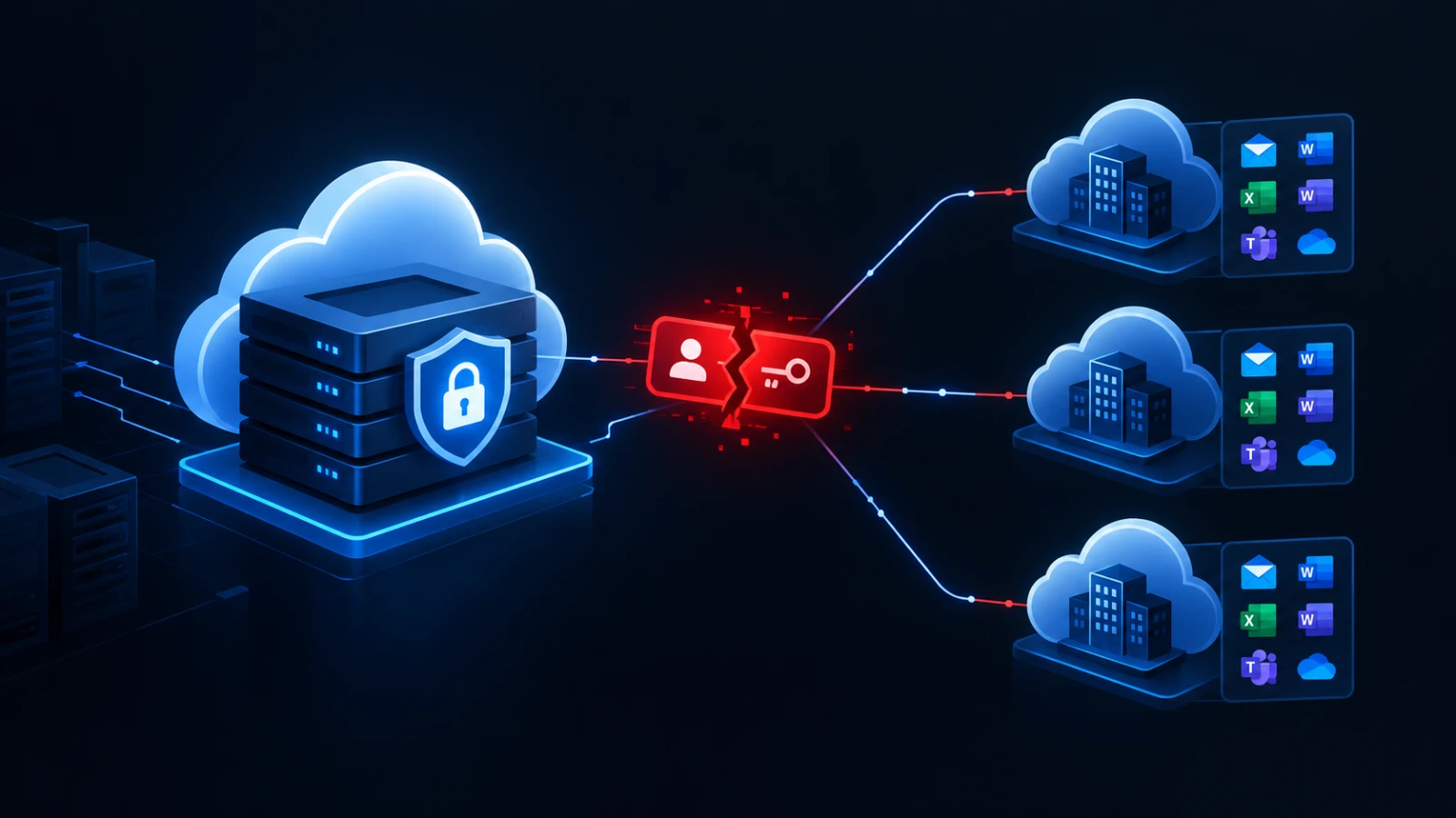 Illustration of a cloud backup vault with a glowing stolen key plugged into it, opening doors to rows of office tenant buildings.
