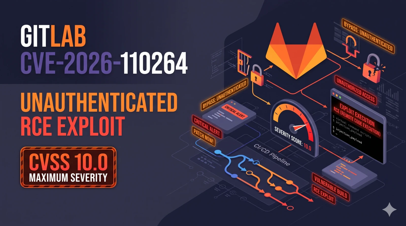 Illustration of a GitLab-style fox logo server with a cracked shield, a long regular expression string wrapping around it like a chain, and a red CVSS 10 warning.