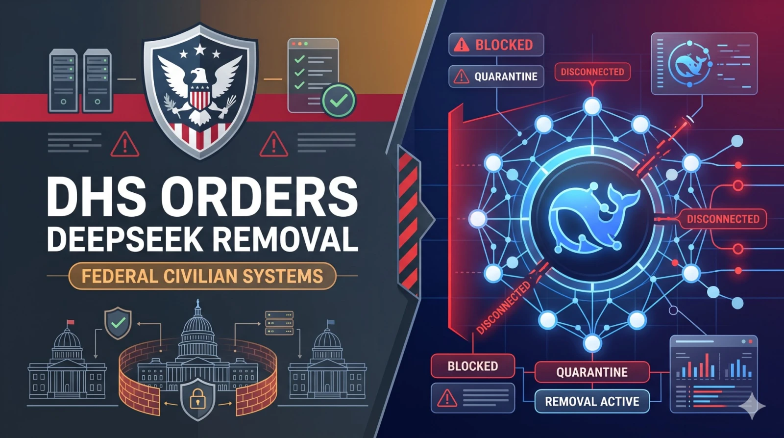 Illustration of a government server room where a DeepSeek-branded AI module is being unplugged and removed, under a DHS-style seal of an order document.
