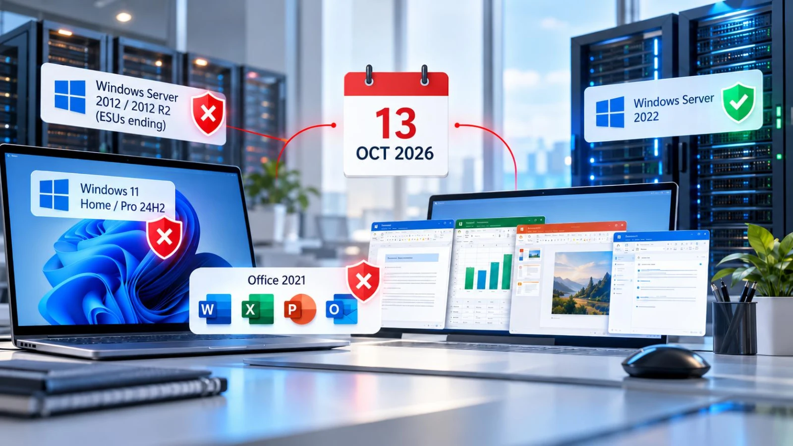 Illustration of an office laptop and a server rack beside a calendar page, with a closing padlock symbolising the end of security updates.