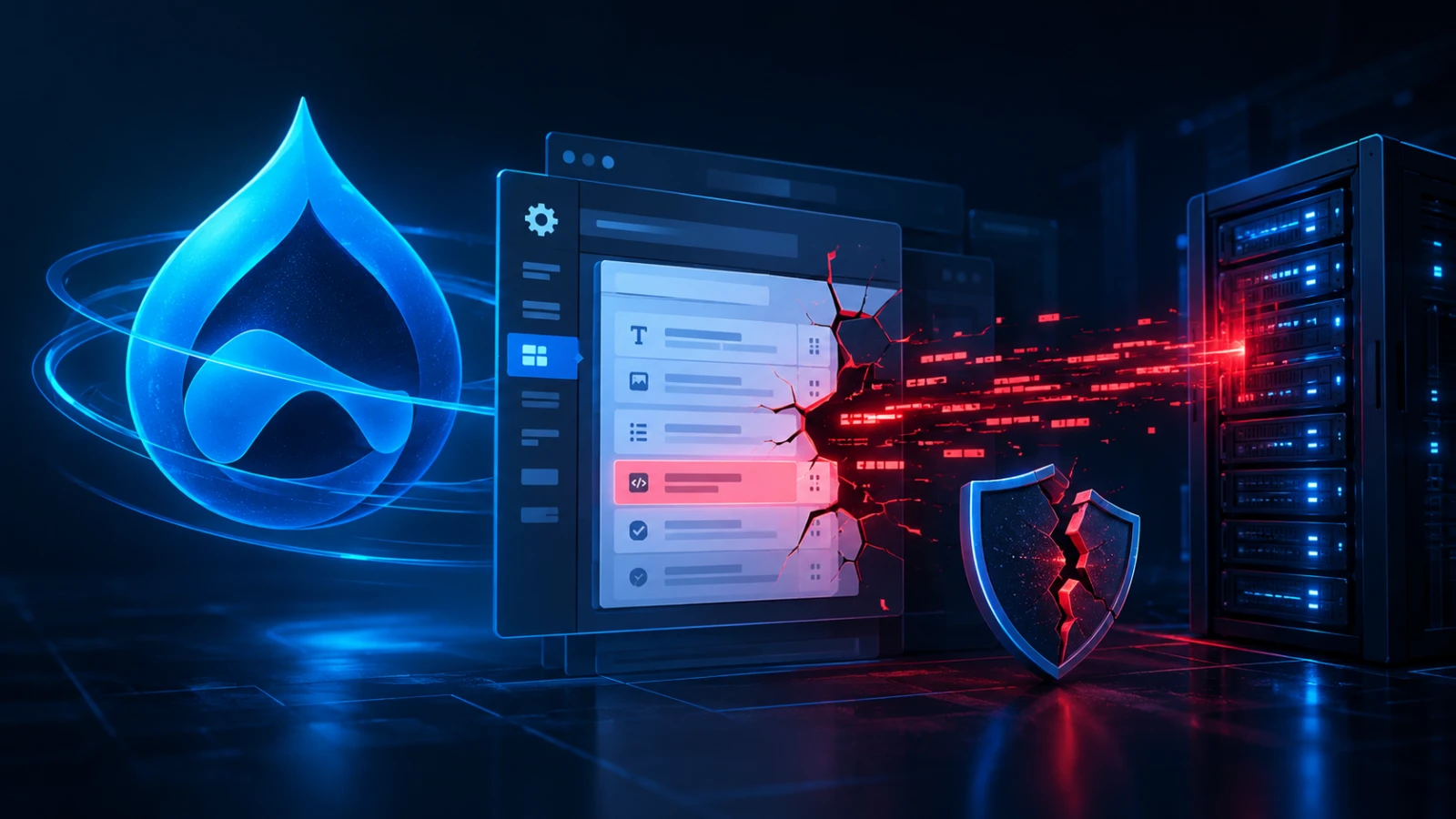 Illustration of a modular website built from stacked blocks, with one admin panel block cracked open and glowing.