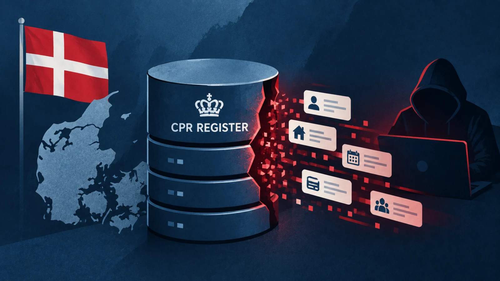 Denmark CPR Register data breach illustration showing a compromised database, Danish flag, exposed personal data, and cyberattack imagery.