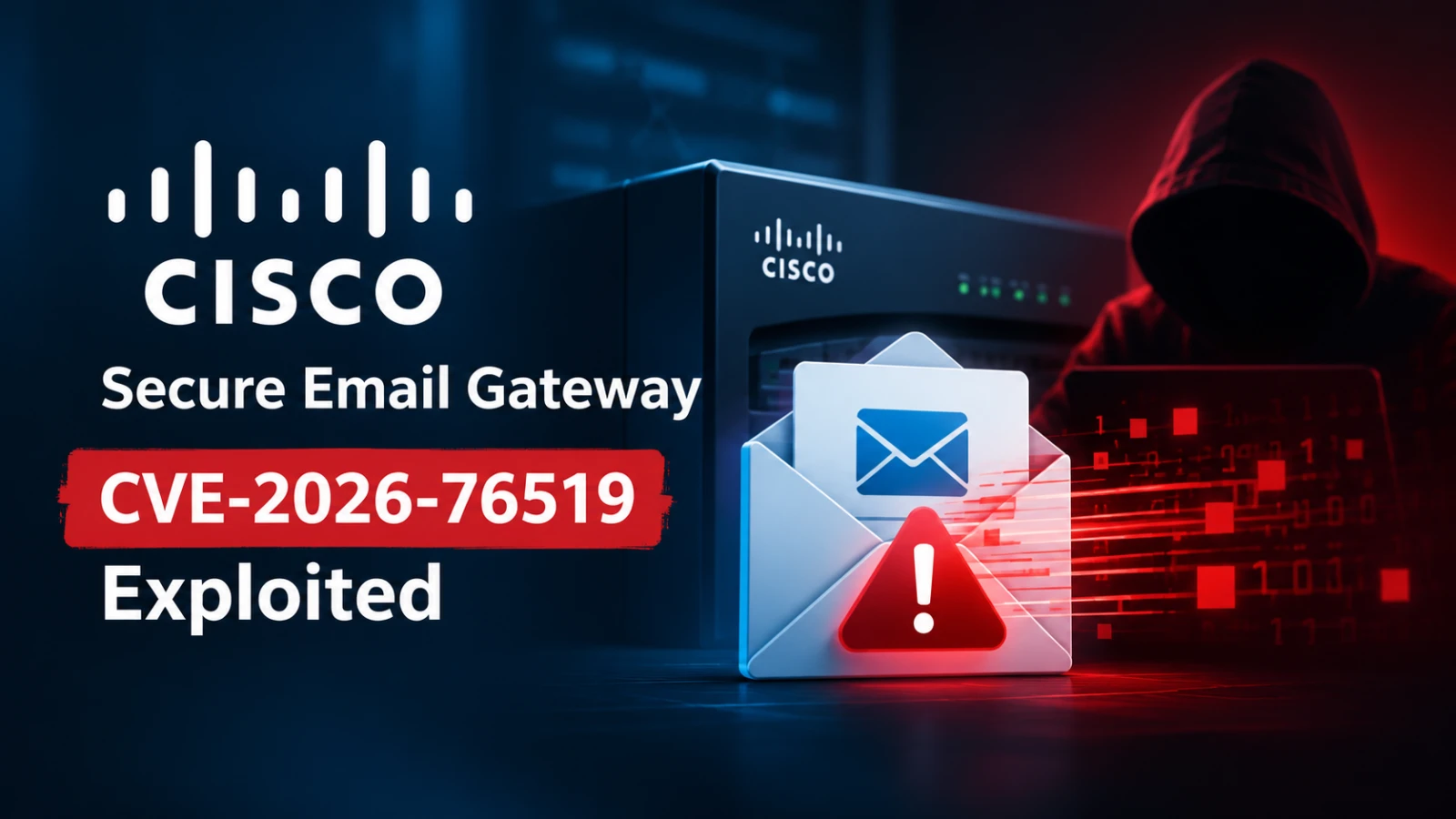 Illustration of an email envelope with a glowing attachment slipping through a security gateway and planting a file inside a server.