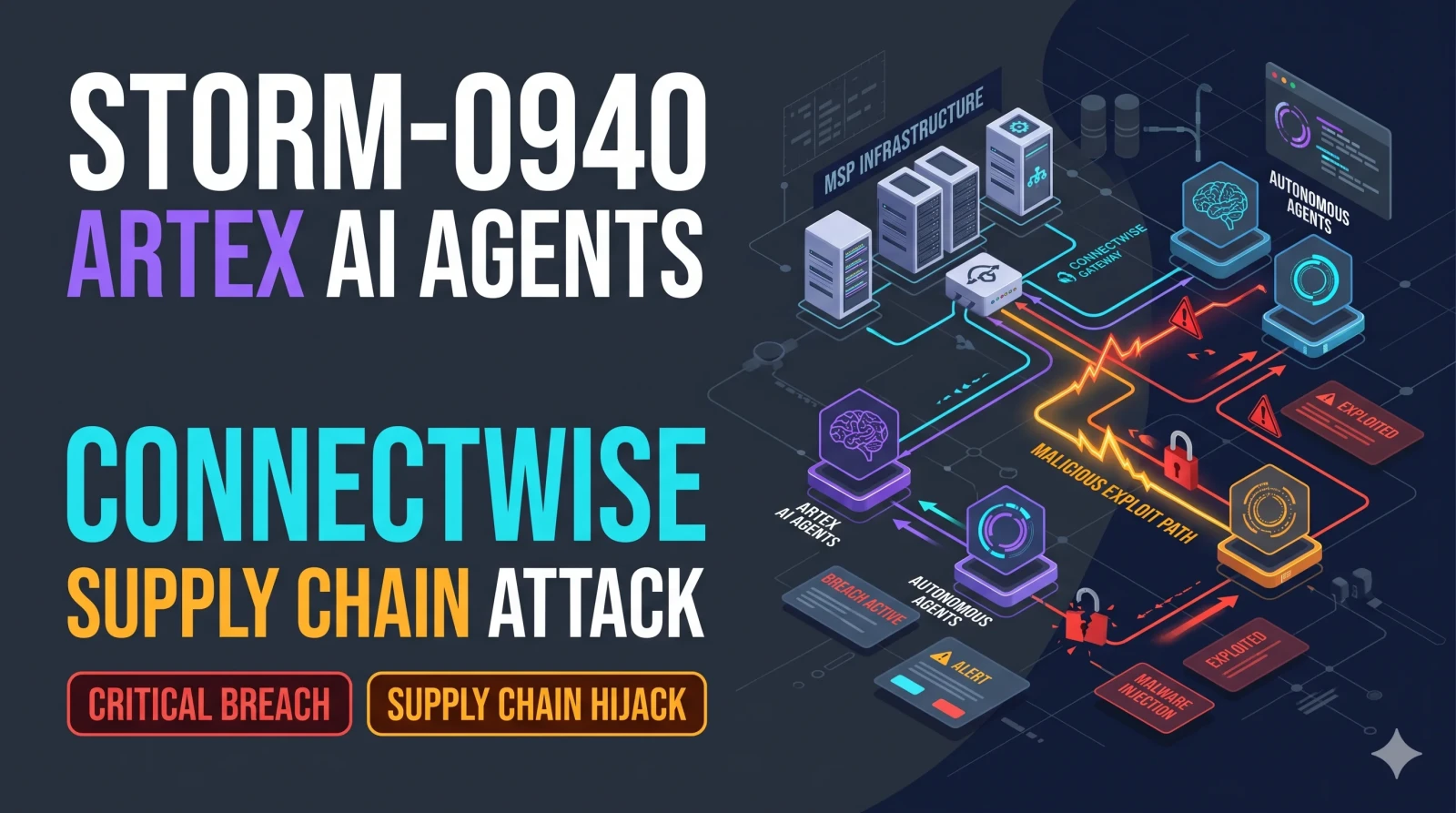 Illustration of a swarm of AI agent bots streaming from a dark command console into hundreds of Microsoft 365 style cloud tenants, with a ConnectWise backup vault in the middle.