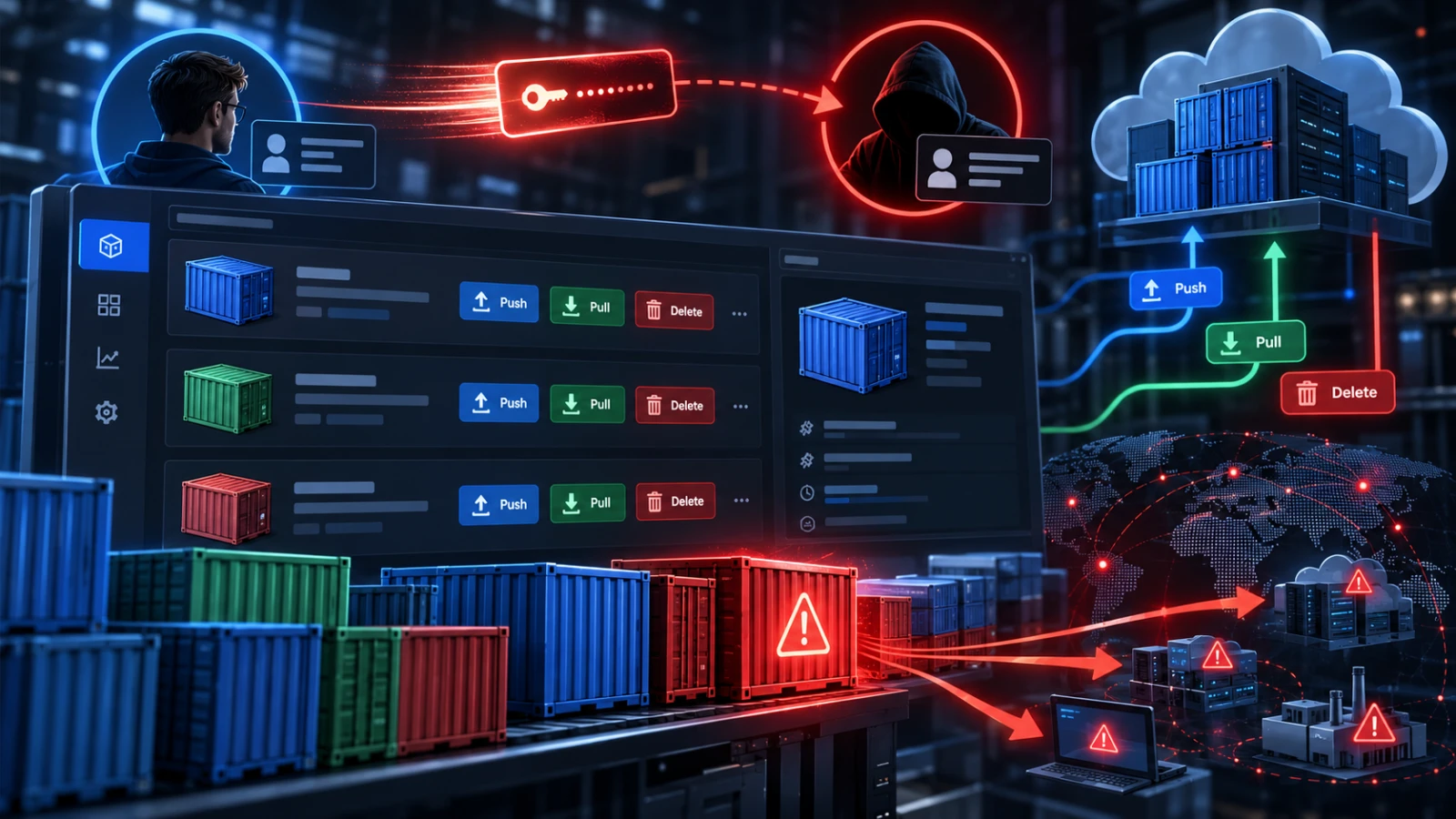 Illustration of a shipping container registry where a key changes hands between two figures made of light, one shadowed.