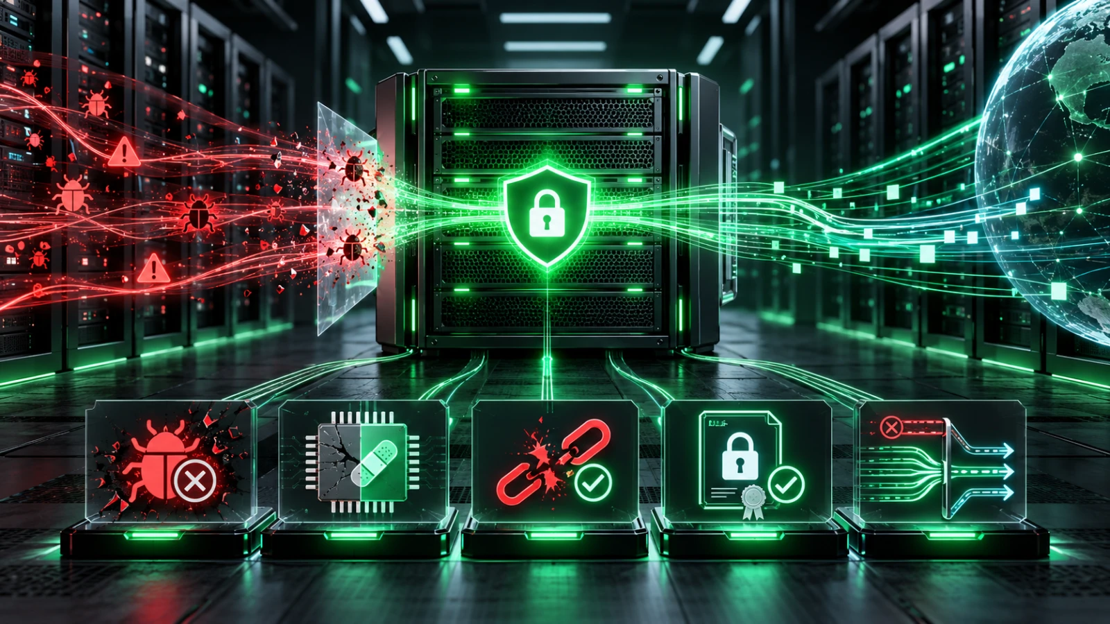 Illustration of a web server traffic hub with five glowing patch plates fitted over cracks in its routing pipes.