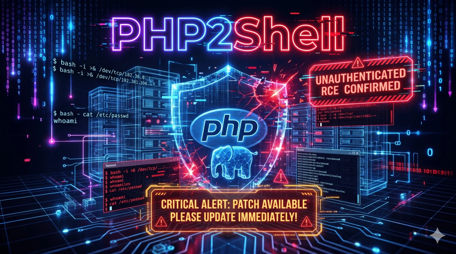 Illustration of a web server rack struck by lightning, with a large patch shield labeled PHP being slotted into place.
